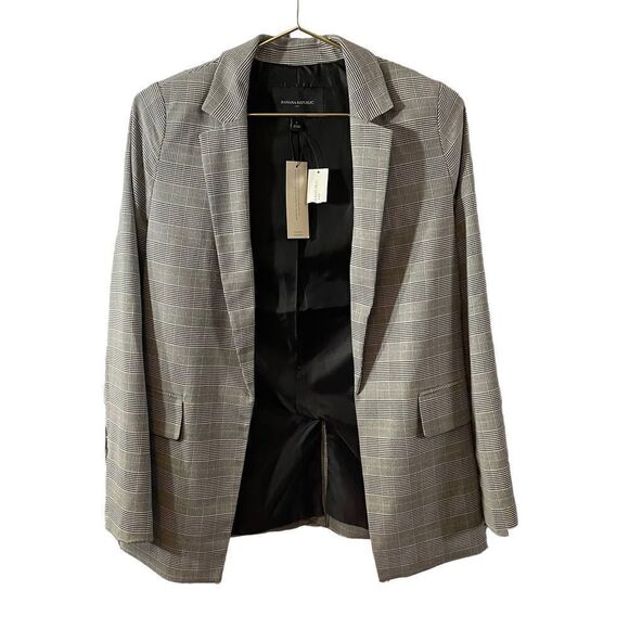 Banana Republic Check Plaid Black White Open Front Blazer Size 2